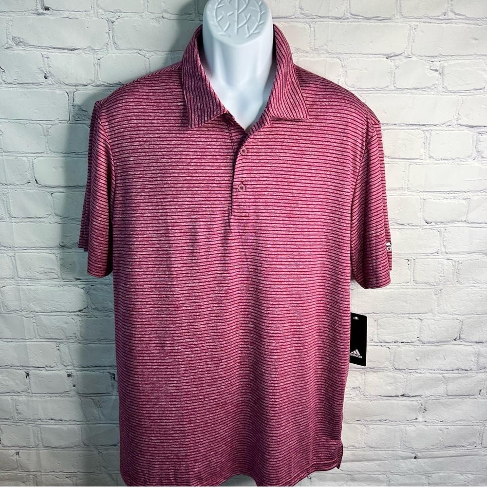 ADIDAS Golf Feeder Striped Polo Shirt Powerberry Large NWT